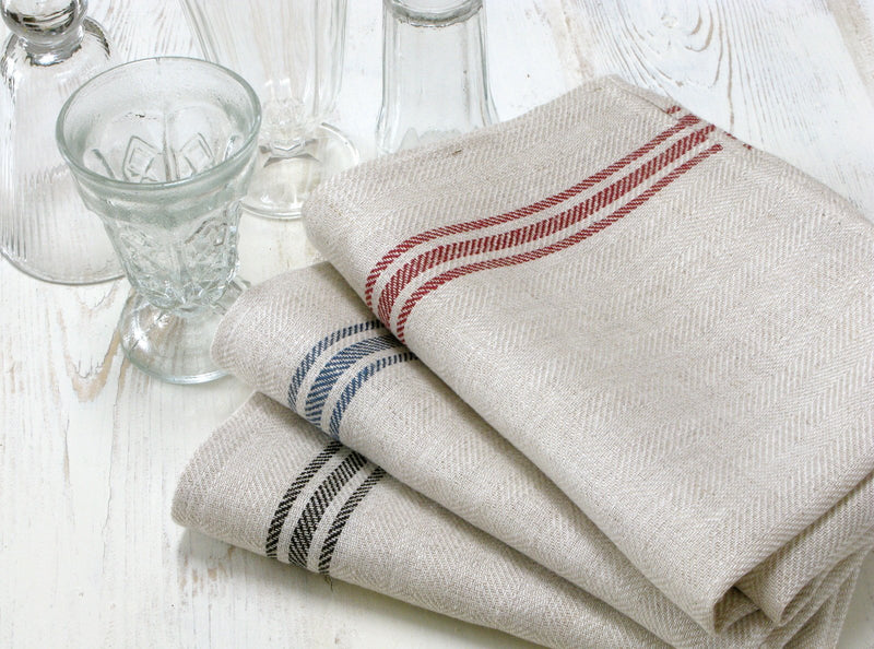 Set of linen kitchen towels with red and blue stripes, made in Canada