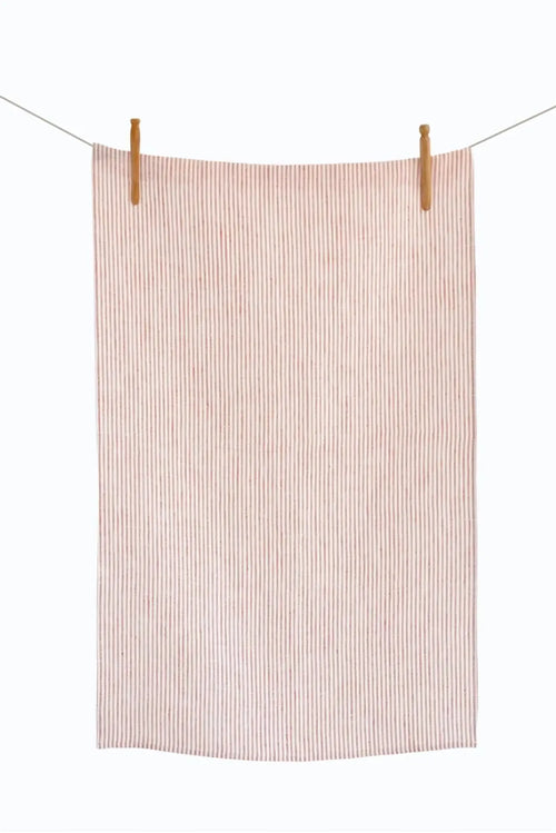 Striped towel hanging on a clothesline with wooden clips against a white background