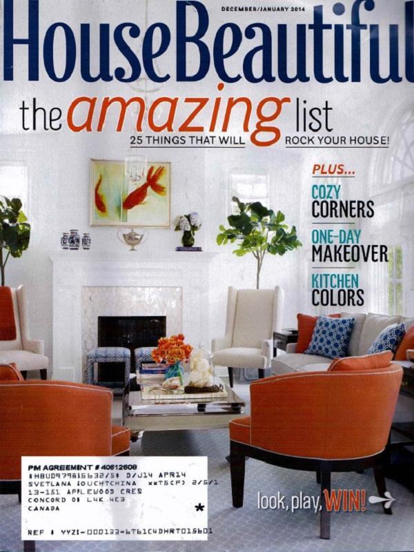 Versailles Blue Napkin, House Beautiful, December 2013/January 2014 Looks like our Versailles Blue Napkin