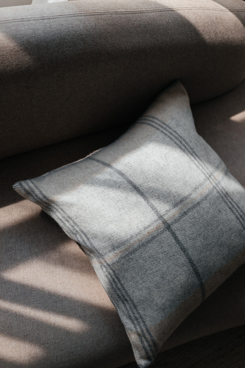 Glengarry Plaid Alpaca Pillow Cover Light Grey with Dark Grey and Tan