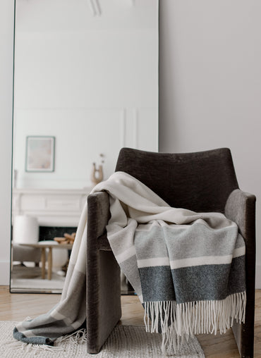 Manhattan Cashmere Throw White, Otter Beige & Grey Stripes - Available May - Shop Linen Way