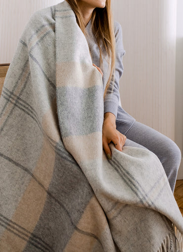 Glengarry Plaid Alpaca Throw Light Grey with Dark Grey/Tan Plaid - Shop Linen Way