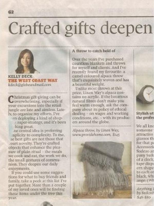 Alpaca Throws, The Globe and Mail, December 2011
