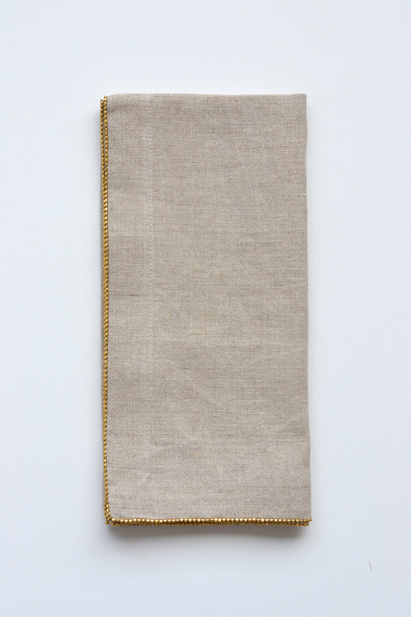 Perlina Linen Napkin Natural with Hand Stitched Brass Beads