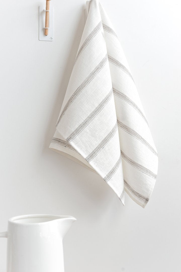 Hugo Linen Tea Towel White and Sand Stripes