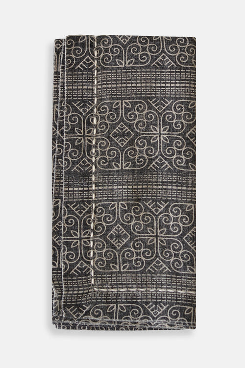 Phoebe Linen Napkin Black with Natural Geometric Design with White Stitching - Shop Linen Way 