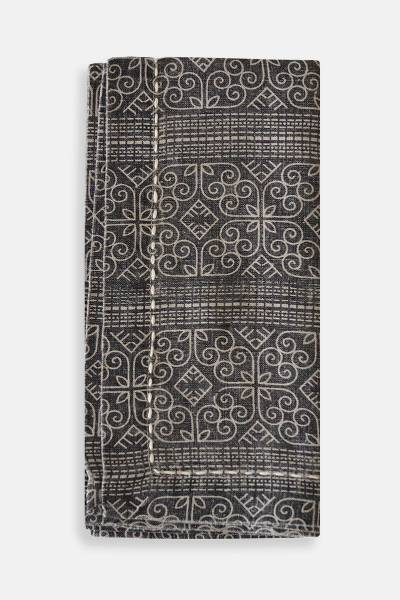 Phoebe Linen Napkin Black with Natural Geometric Design with White Stitching