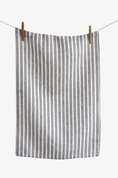 Summer Dream Linen Tea Towel Charcoal with White Stripes - Shop Linen Way 