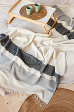 Soho Cashmere Throw Ivory with Charcoal and Light Grey Stripes